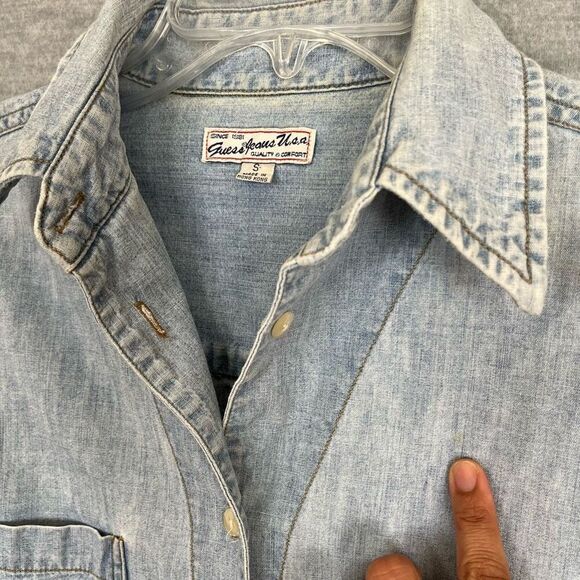 GUESS Vintage Y2K Denim Shirt Womens Small Slim Fit Chambray Western Light Wash - Picture 10 of 11
